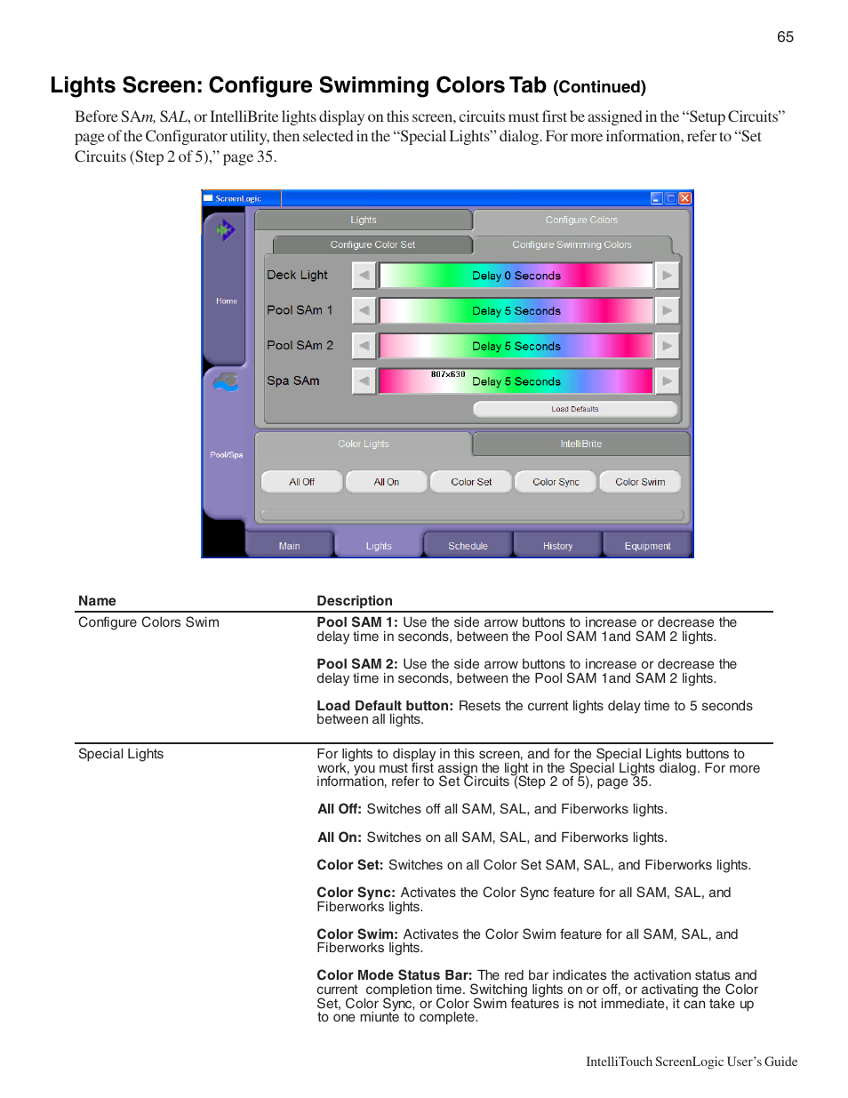 Lights screen: configure swimming colors tab | Pentair Intellitouch ScreenLogic User Manual | Page 75 / 116