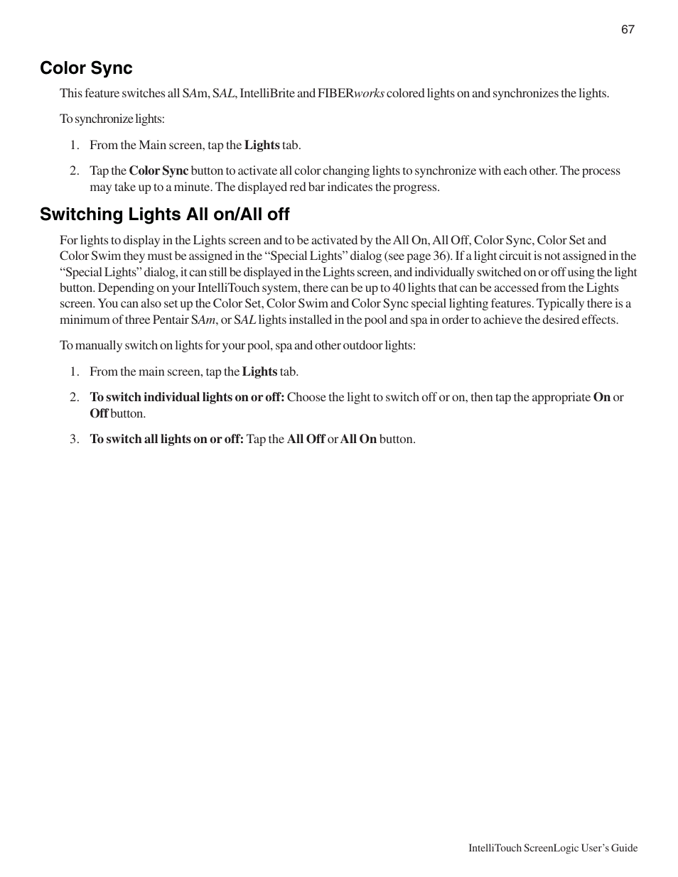 Color sync, Switching lights all on/all off | Pentair Intellitouch ScreenLogic User Manual | Page 77 / 116