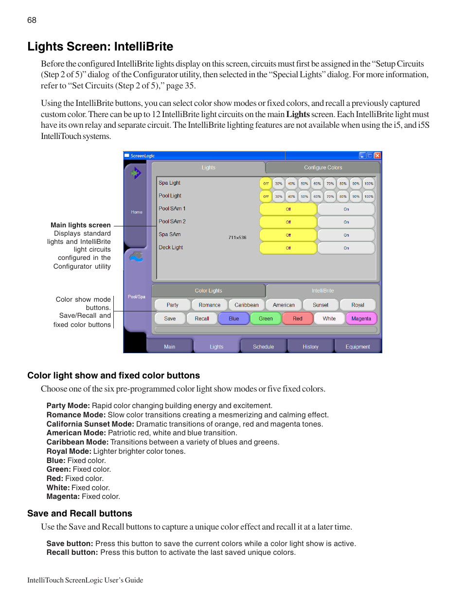 Lights screen: intellibrite | Pentair Intellitouch ScreenLogic User Manual | Page 78 / 116