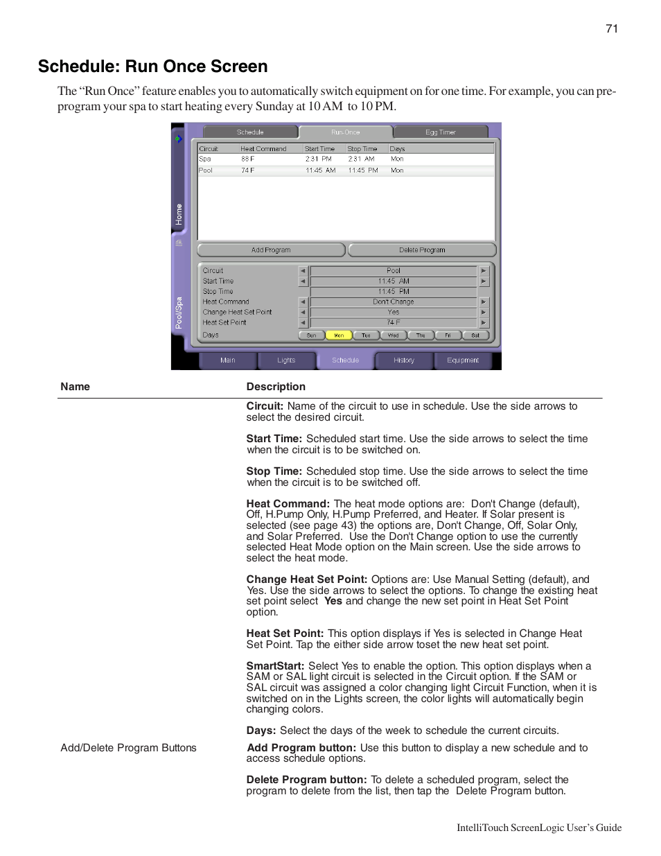 Schedule: run once screen | Pentair Intellitouch ScreenLogic User Manual | Page 81 / 116