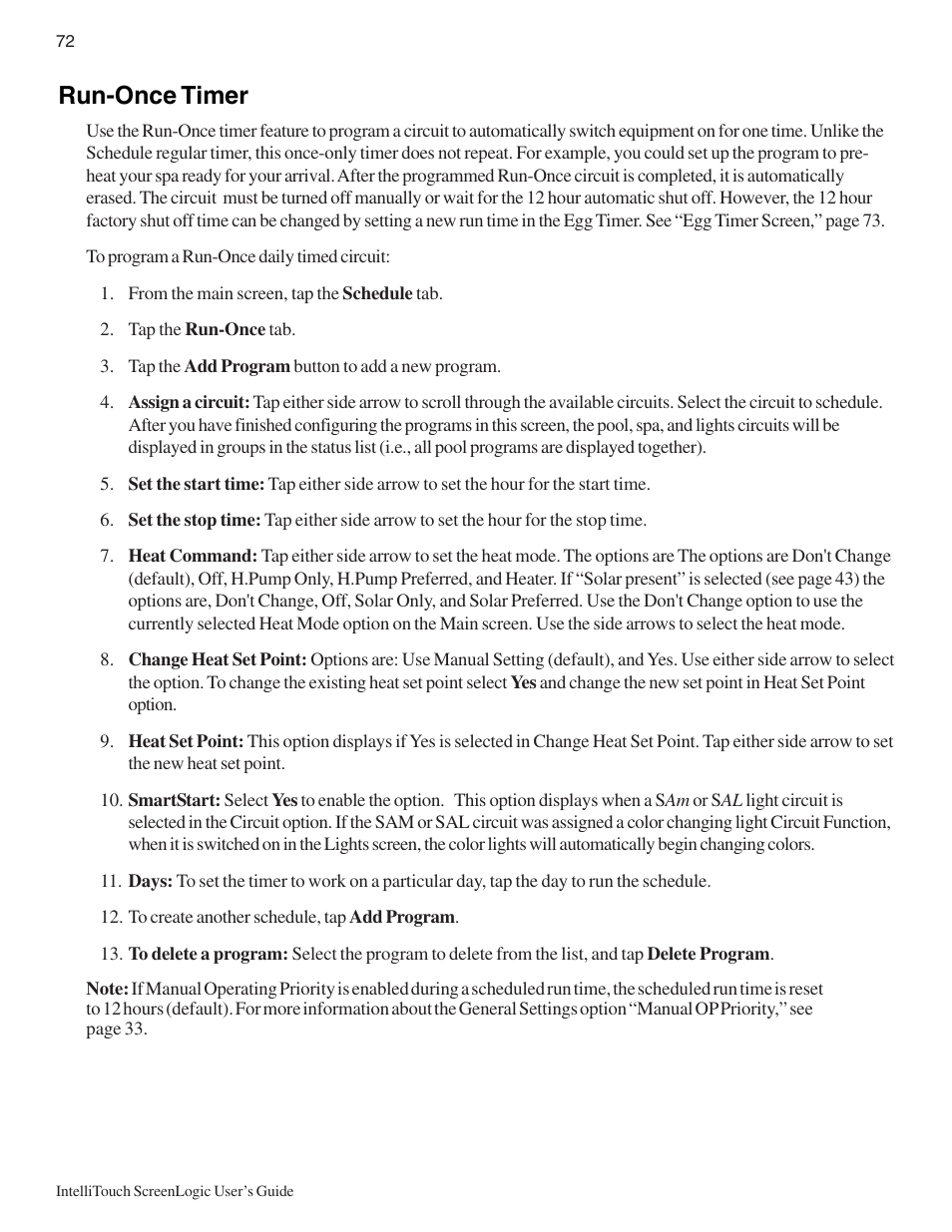 Run-once timer | Pentair Intellitouch ScreenLogic User Manual | Page 82 / 116