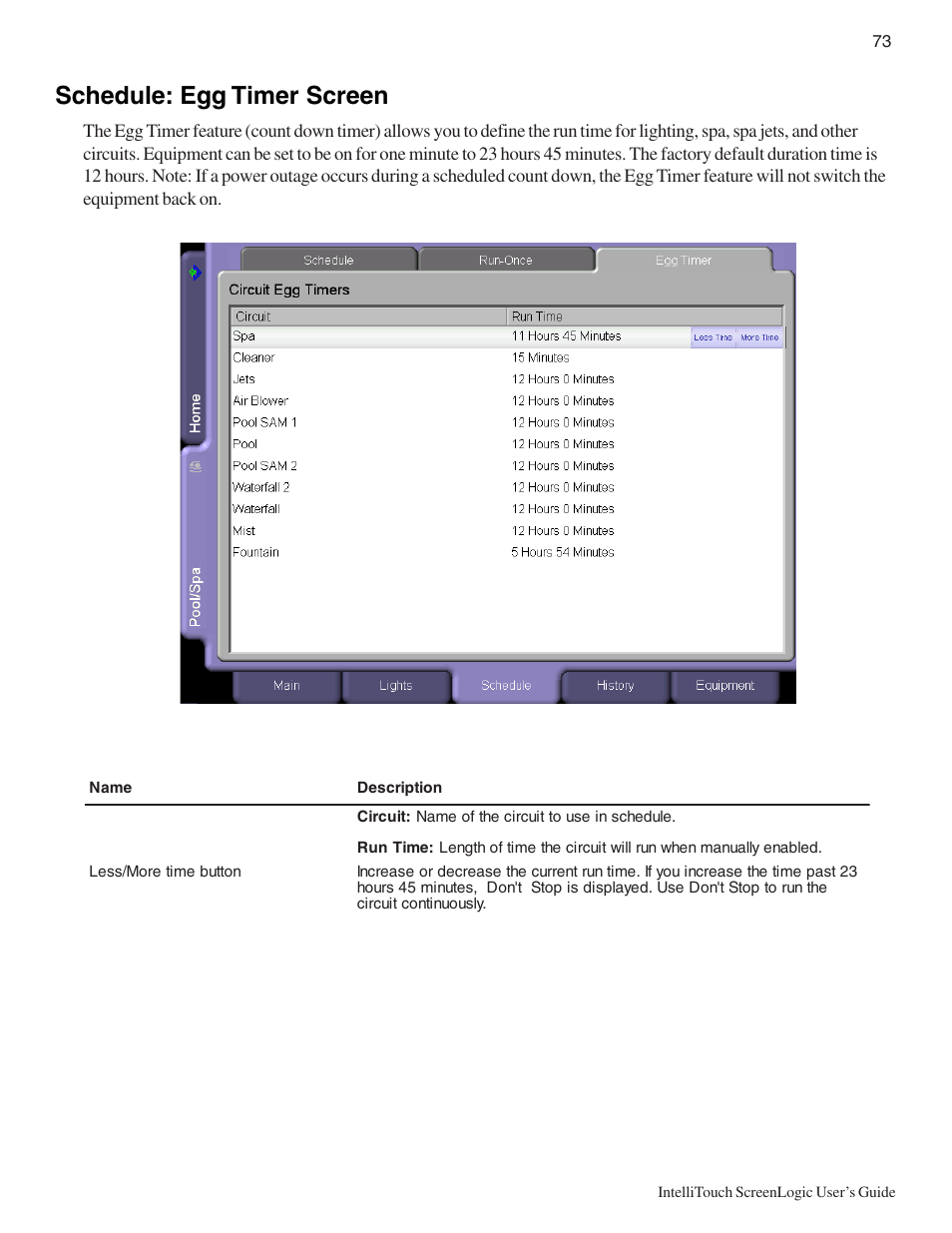 Schedule: egg timer screen | Pentair Intellitouch ScreenLogic User Manual | Page 83 / 116