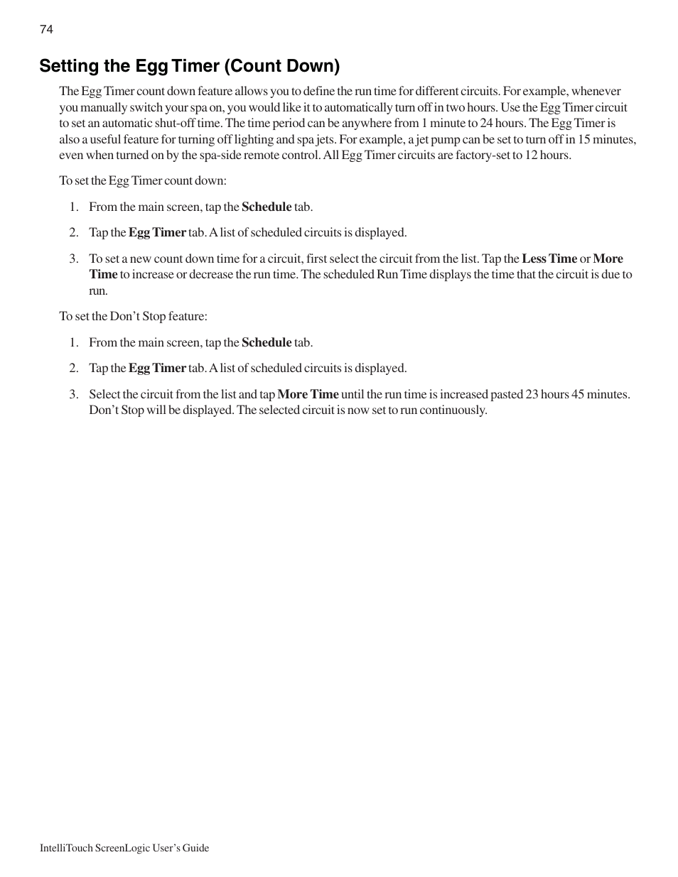 Setting the egg timer (count down) | Pentair Intellitouch ScreenLogic User Manual | Page 84 / 116