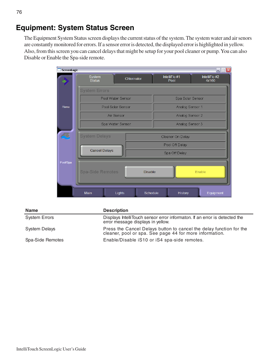 Equipment: system status screen | Pentair Intellitouch ScreenLogic User Manual | Page 86 / 116