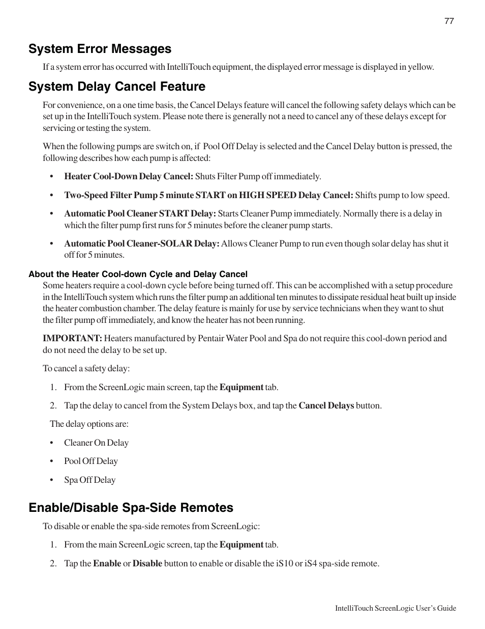 System error messages, System delay cancel feature, Enable/disable spa-side remotes | Pentair Intellitouch ScreenLogic User Manual | Page 87 / 116