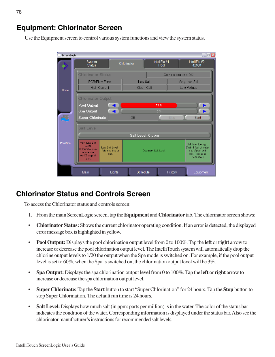 Equipment: chlorinator screen, Chlorinator status and controls screen | Pentair Intellitouch ScreenLogic User Manual | Page 88 / 116