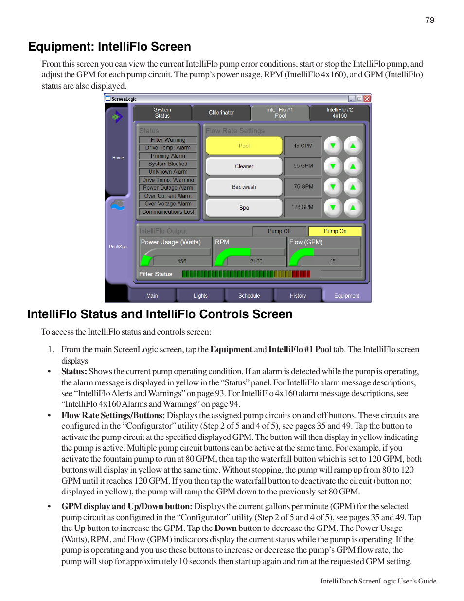 Equipment: intelliflo screen, Intelliflo status and intelliflo controls screen | Pentair Intellitouch ScreenLogic User Manual | Page 89 / 116