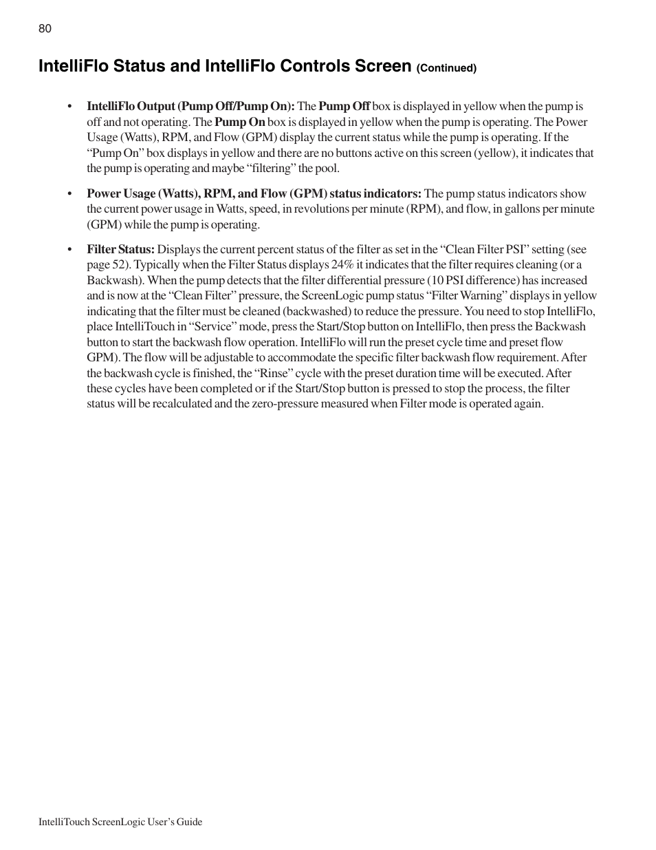 Intelliflo status and intelliflo controls screen | Pentair Intellitouch ScreenLogic User Manual | Page 90 / 116