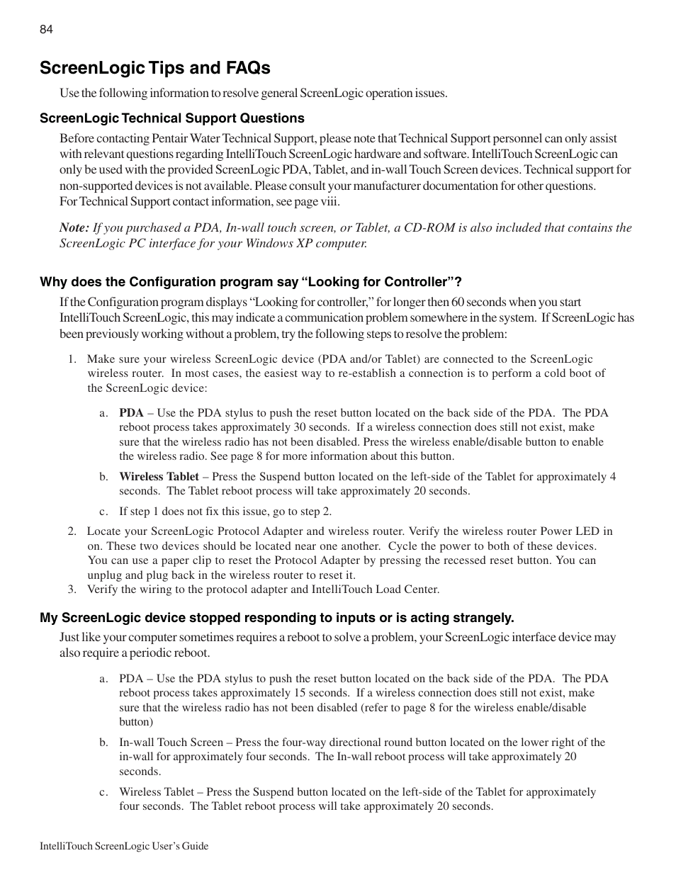 Screenlogic tips and faqs | Pentair Intellitouch ScreenLogic User Manual | Page 94 / 116