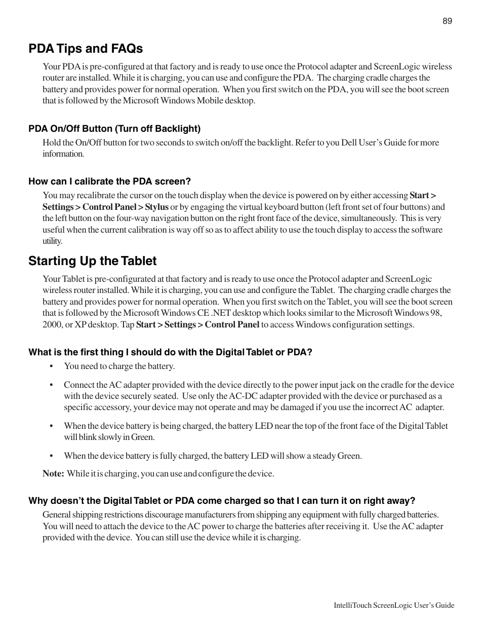 Pda tips and faqs, Starting up the tablet | Pentair Intellitouch ScreenLogic User Manual | Page 99 / 116