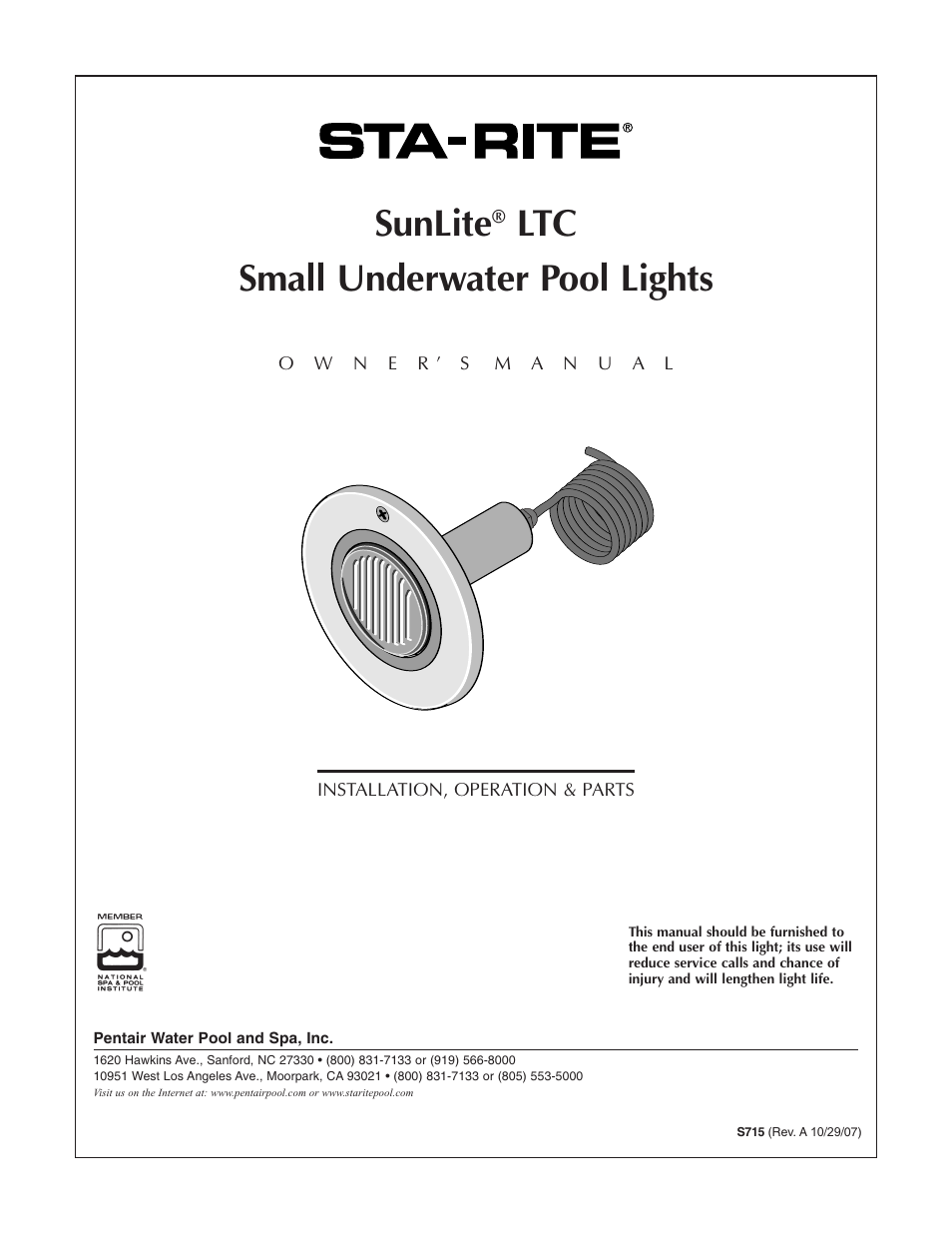 Pentair Small Underwater Pool Lights SunLite LTC User Manual | 8 pages