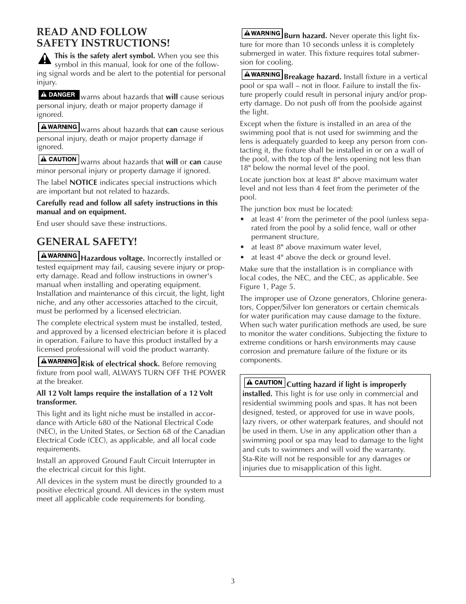 Read and follow safety instructions, General safety | Pentair Small Underwater Pool Lights SunLite LTC User Manual | Page 3 / 8