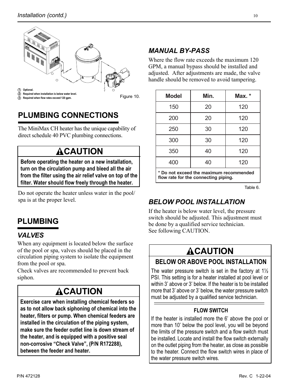 Caution, Plumbing connections, Plumbing | Valves, Manual by-pass, Below pool installation, Below or above pool installation | Pentair MiniMax CH User Manual | Page 10 / 36