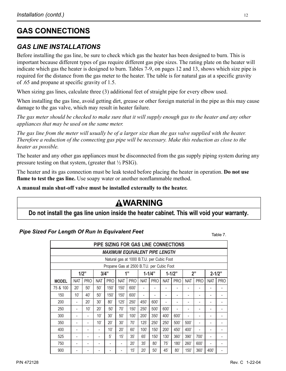 Warning, Gas connections, Gas line installations | Installation (contd.) | Pentair MiniMax CH User Manual | Page 12 / 36