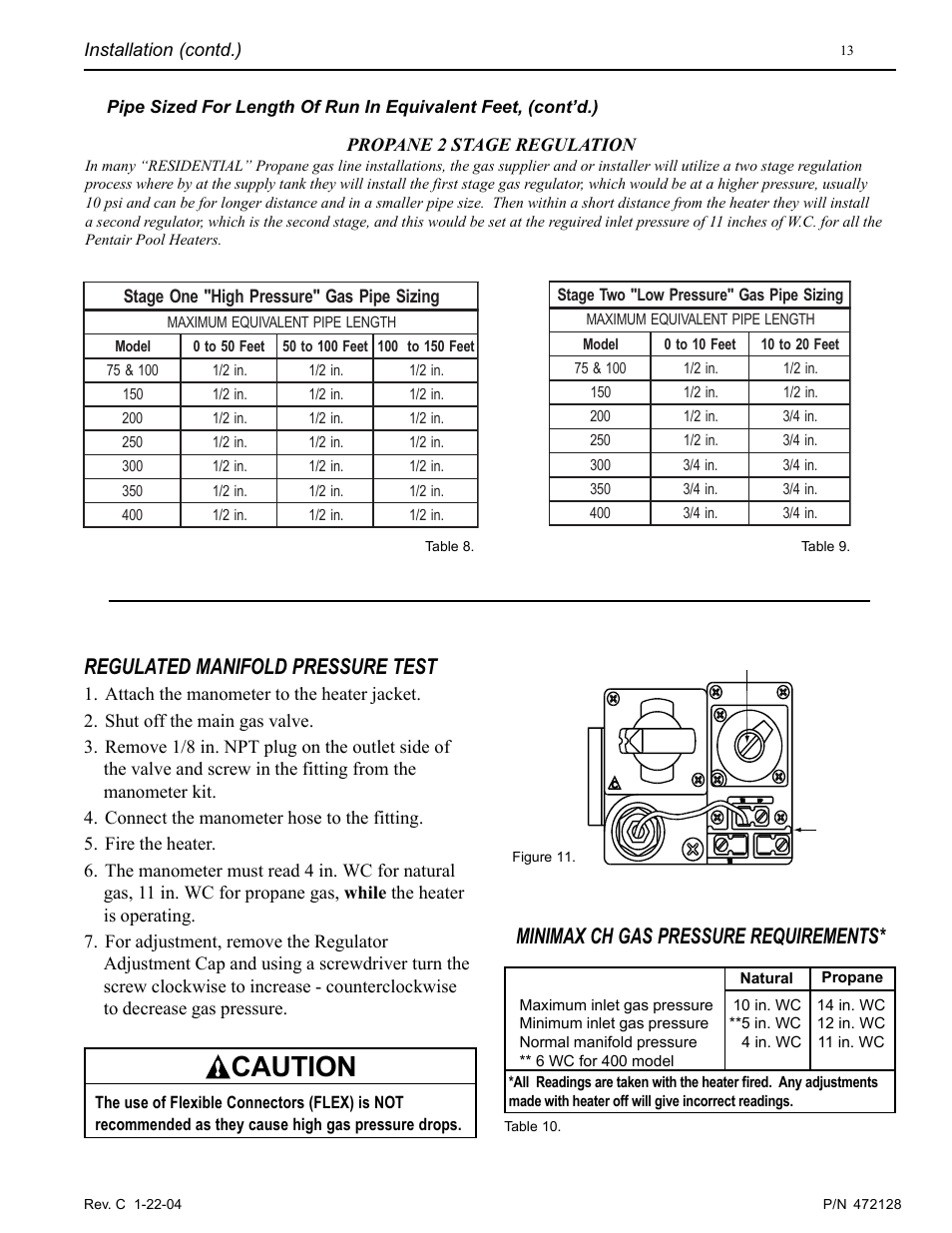 Caution, Minimax ch gas pressure requirements, Regulated manifold pressure test | Pentair MiniMax CH User Manual | Page 13 / 36