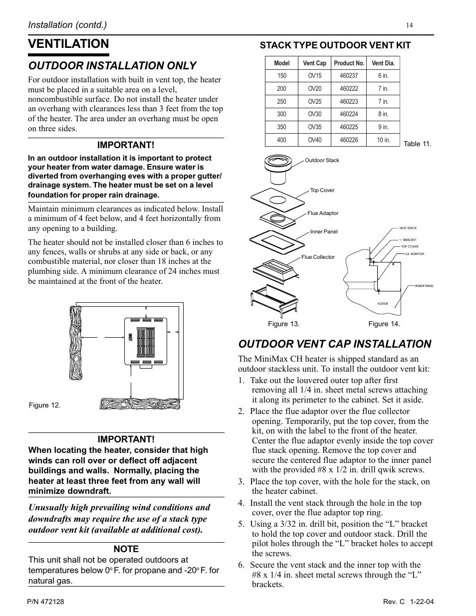 Ventilation, Outdoor installation only, Outdoor vent cap installation | Important | Pentair MiniMax CH User Manual | Page 14 / 36