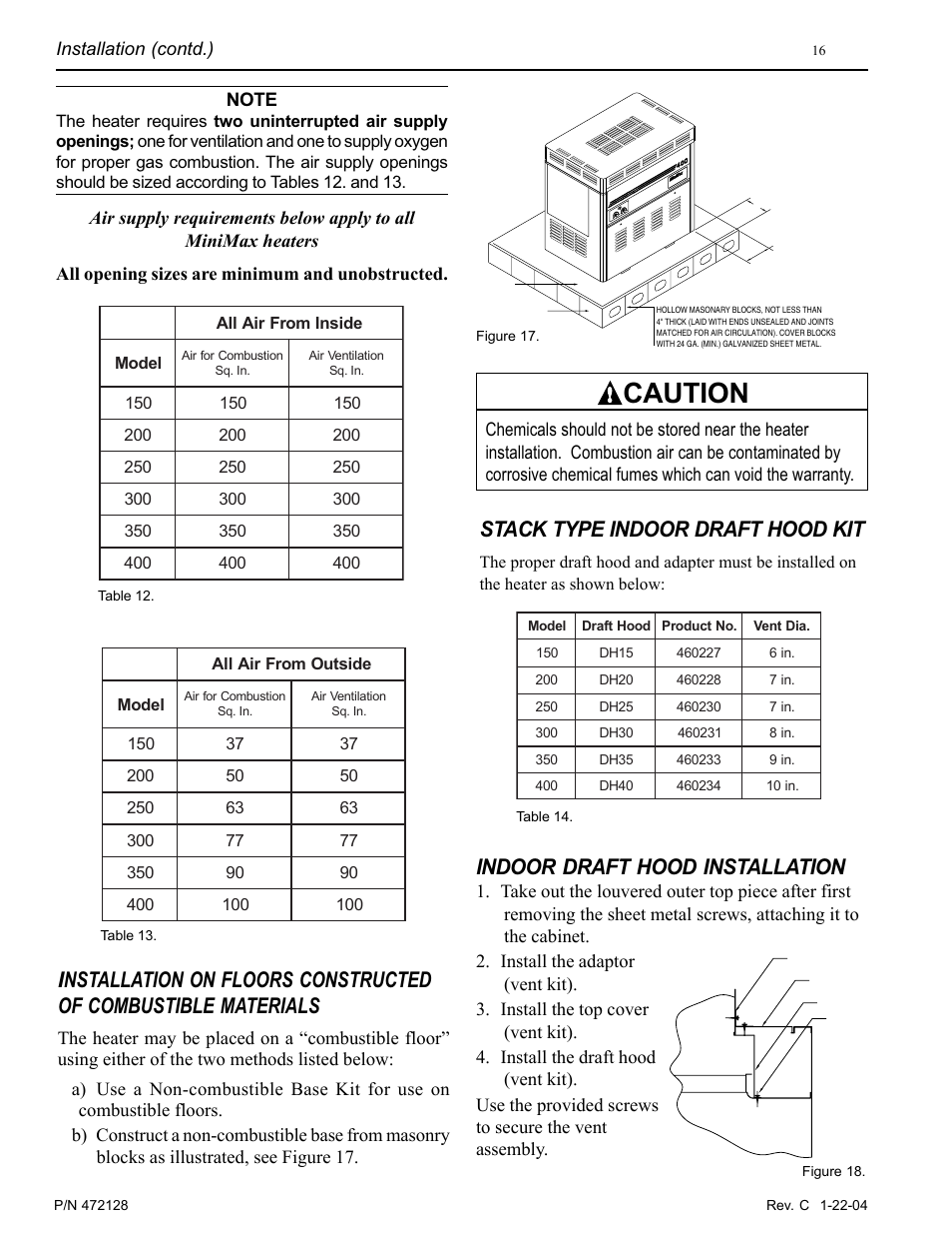 Caution, Stack type indoor draft hood kit, Indoor draft hood installation | Pentair MiniMax CH User Manual | Page 16 / 36