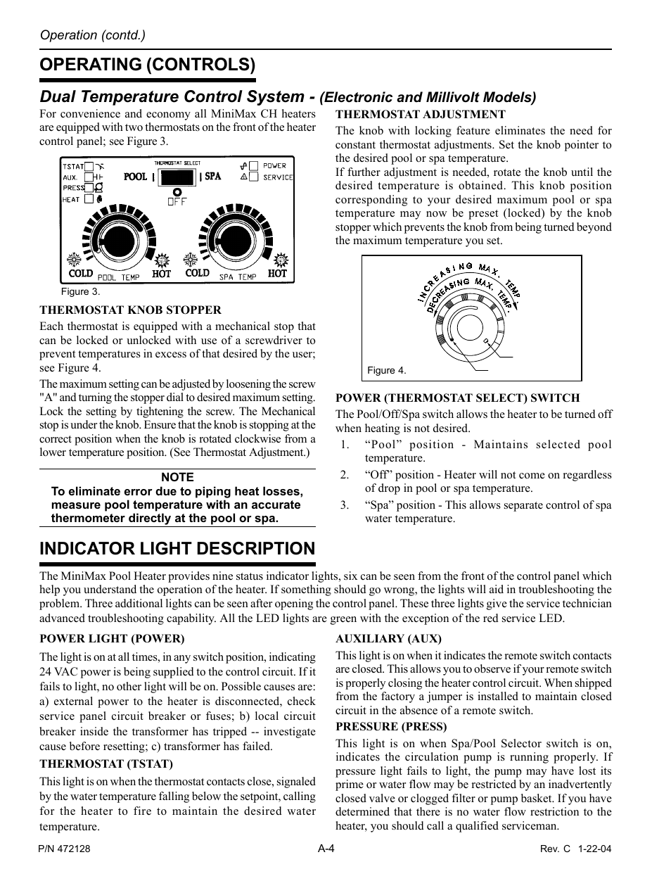 Operating (controls), Indicator light description, Dual temperature control system | Pentair MiniMax CH User Manual | Page 26 / 36