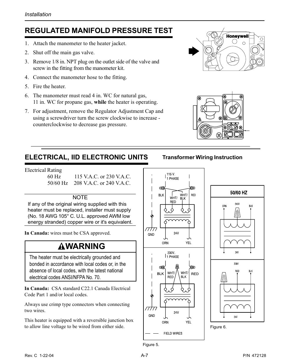 Warning, Regulated manifold pressure test, Electrical, iid electronic units | Pentair MiniMax CH User Manual | Page 29 / 36