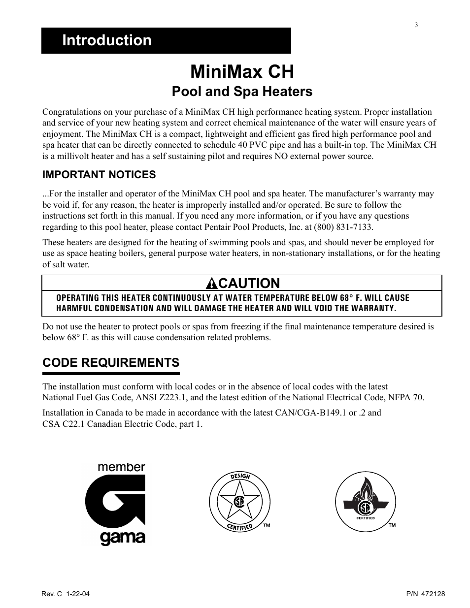 Minimax ch, Introduction, Pool and spa heaters | Caution | Pentair MiniMax CH User Manual | Page 3 / 36