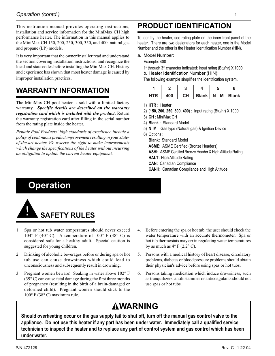 Operation, Warning, Warranty information | Safety rules, Product identification | Pentair MiniMax CH User Manual | Page 4 / 36