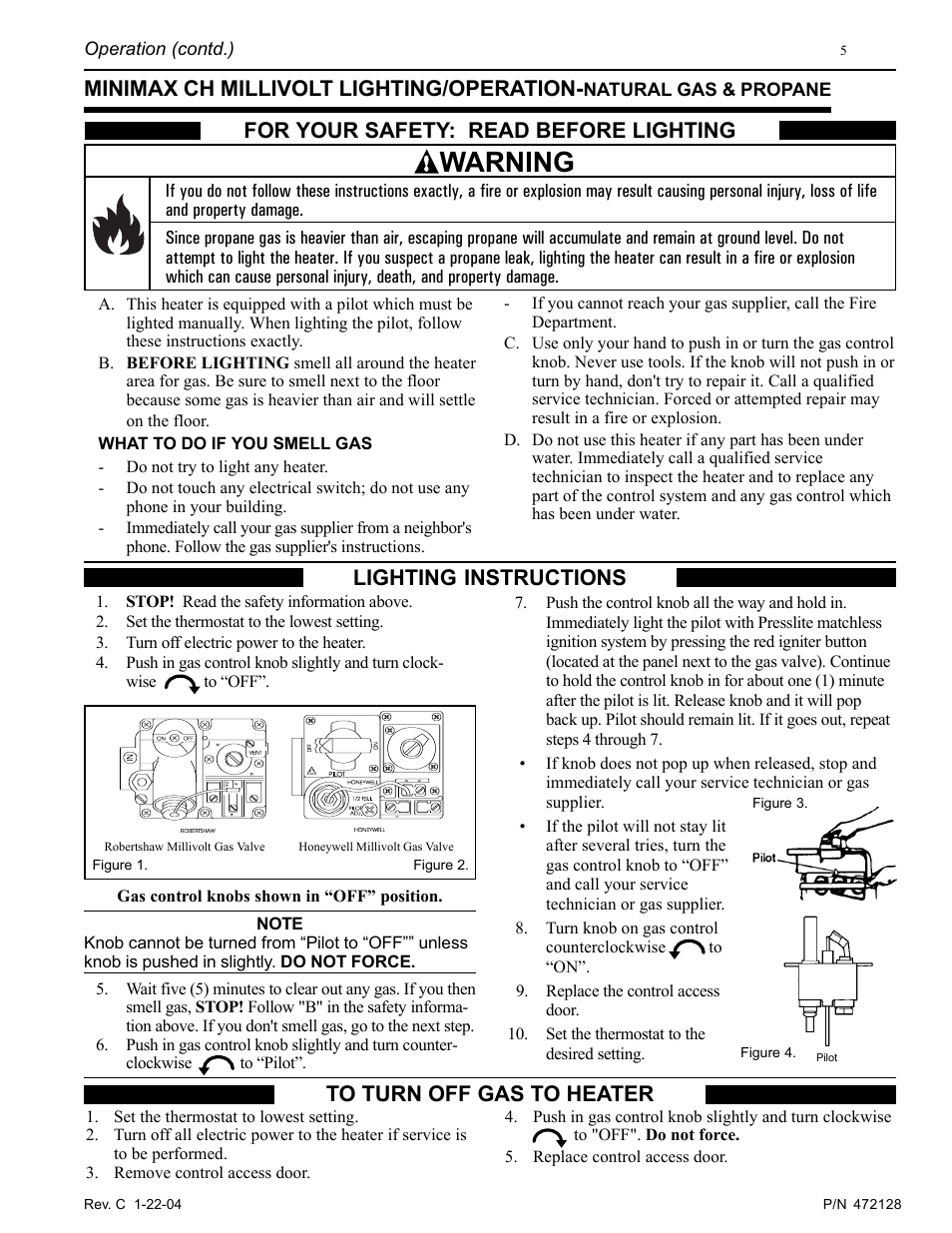 Warning, For your safety: read before lighting, Minimax ch millivolt lighting/operation | Lighting instructions to turn off gas to heater | Pentair MiniMax CH User Manual | Page 5 / 36