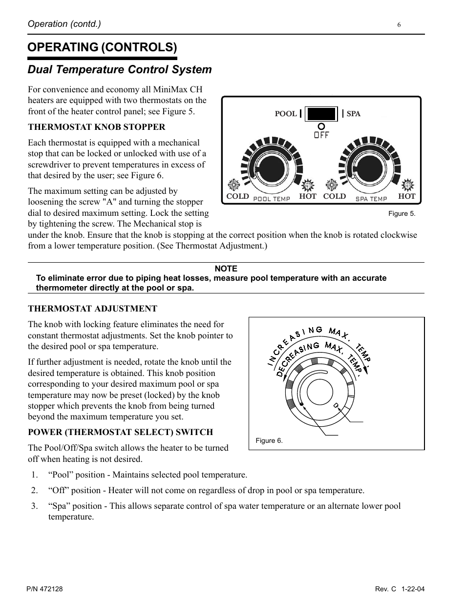 Operating (controls), Dual temperature control system | Pentair MiniMax CH User Manual | Page 6 / 36