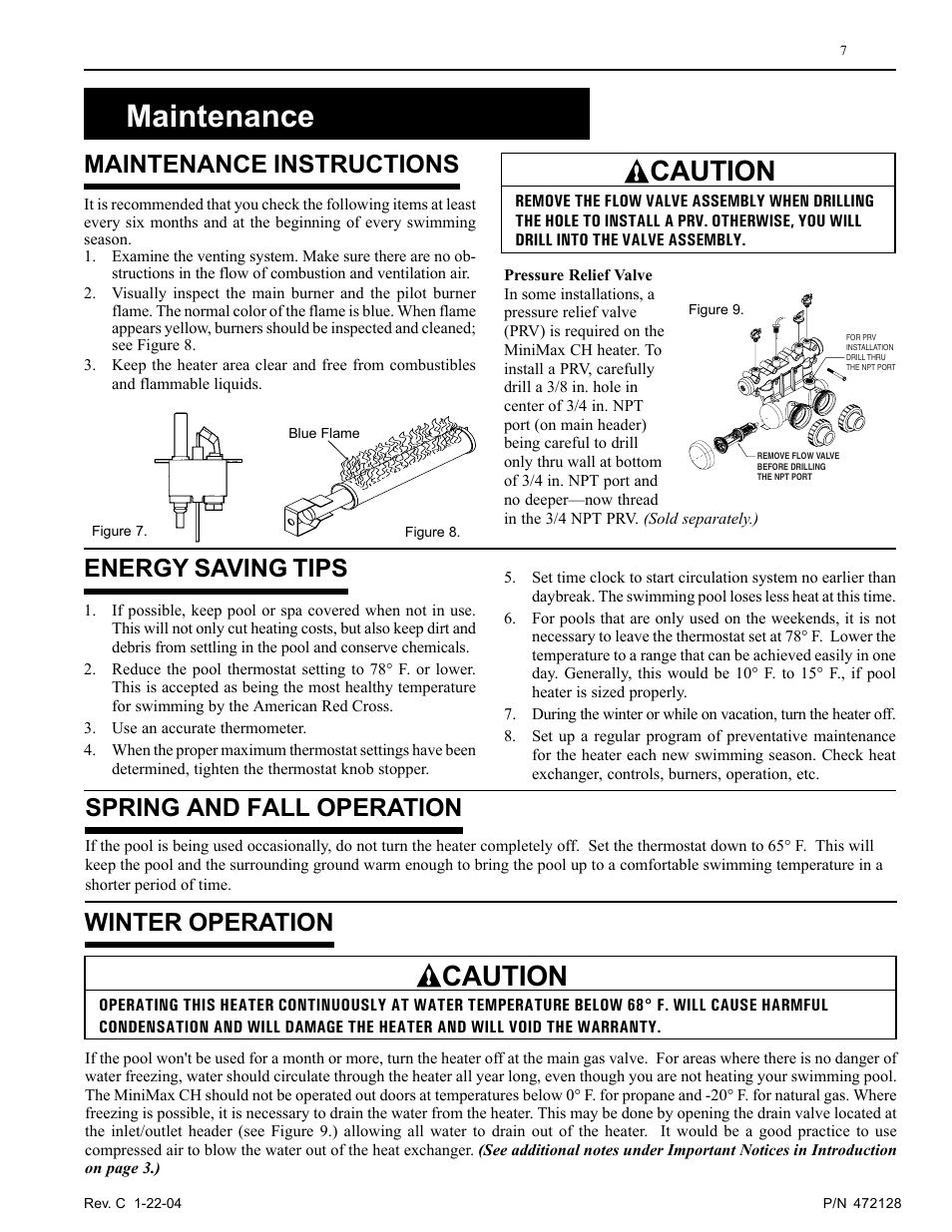 Maintenance, Caution, Maintenance instructions | Energy saving tips, Spring and fall operation, Winter operation | Pentair MiniMax CH User Manual | Page 7 / 36