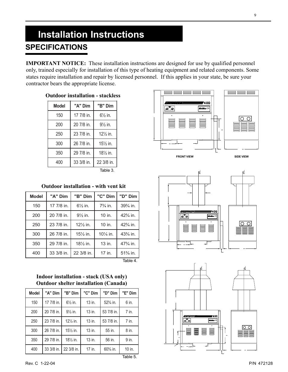 Installation instructions, Specifications | Pentair MiniMax CH User Manual | Page 9 / 36