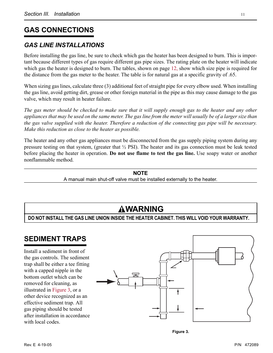 Warning, Gas connections, Sediment traps | Gas line installations | Pentair MiniMax NT LN User Manual | Page 11 / 36