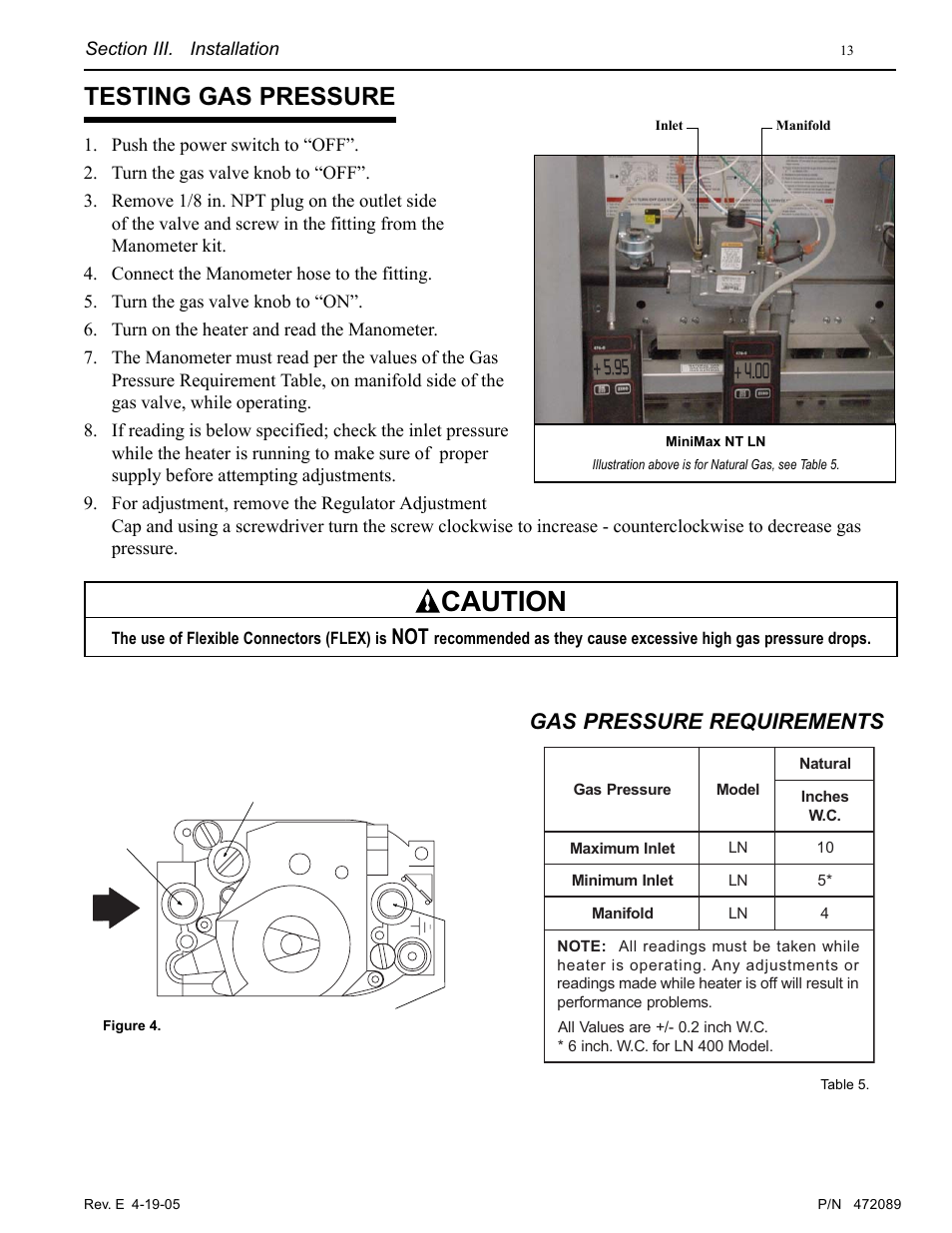 Caution, Testing gas pressure, Gas pressure requirements | Pentair MiniMax NT LN User Manual | Page 13 / 36