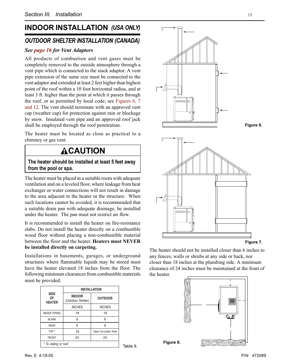 Caution, Indoor installation, Outdoor shelter installation (canada) | Usa only), See page 16 for vent adaptors | Pentair MiniMax NT LN User Manual | Page 15 / 36