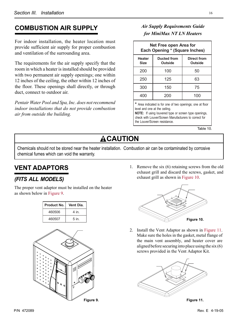 Caution, Vent adaptors, Combustion air supply | Fits all models) | Pentair MiniMax NT LN User Manual | Page 16 / 36