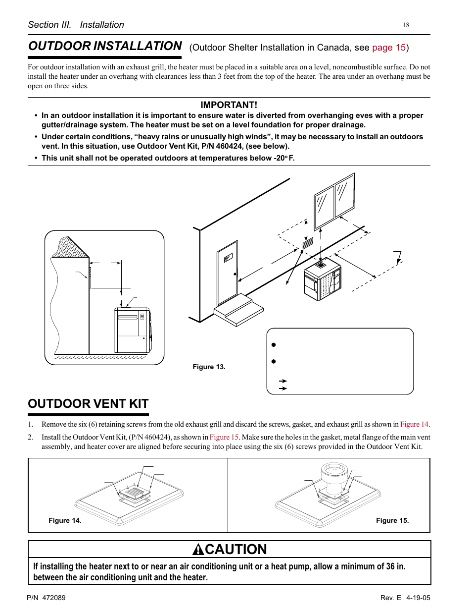Caution, Outdoor installation, Outdoor vent kit | Important | Pentair MiniMax NT LN User Manual | Page 18 / 36