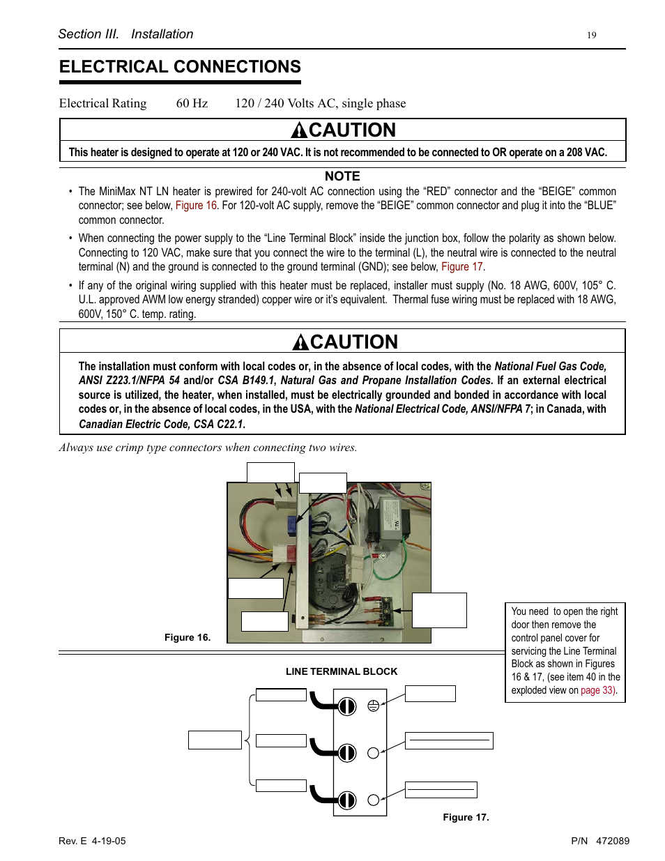 Caution, Electrical connections | Pentair MiniMax NT LN User Manual | Page 19 / 36