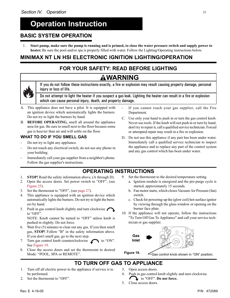 Operation instruction, Warning, Basic system operation | For your safety: read before lighting, Operating instructions | Pentair MiniMax NT LN User Manual | Page 21 / 36