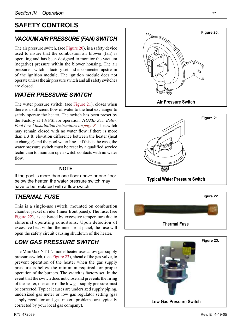 Safety controls, Vacuum air pressure (fan) switch, Water pressure switch | Thermal fuse, Low gas pressure switch | Pentair MiniMax NT LN User Manual | Page 22 / 36