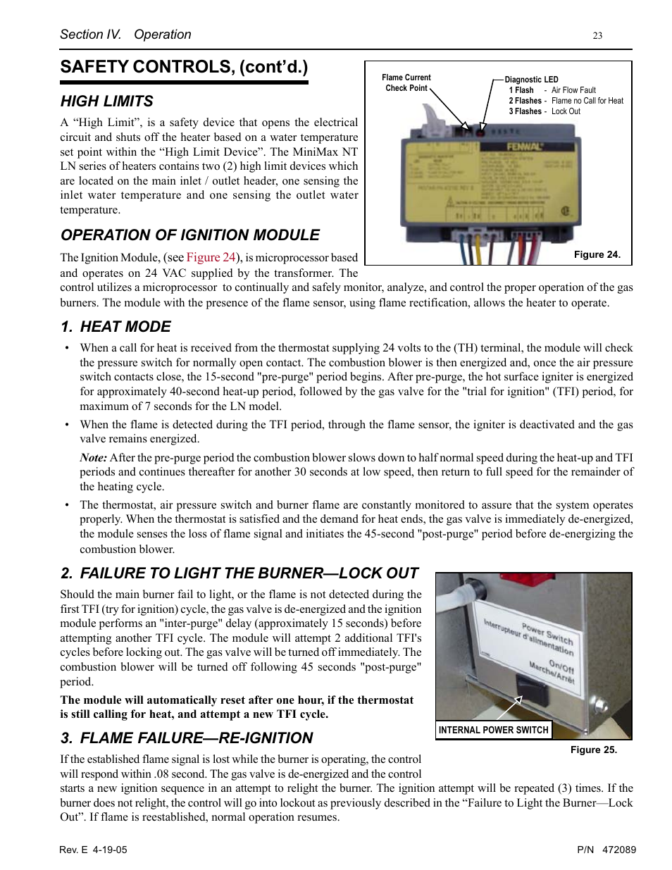 Safety controls, (cont’d.), High limits, Operation of ignition module | Heat mode, Failure to light the burner—lock out, Flame failure—re-ignition | Pentair MiniMax NT LN User Manual | Page 23 / 36