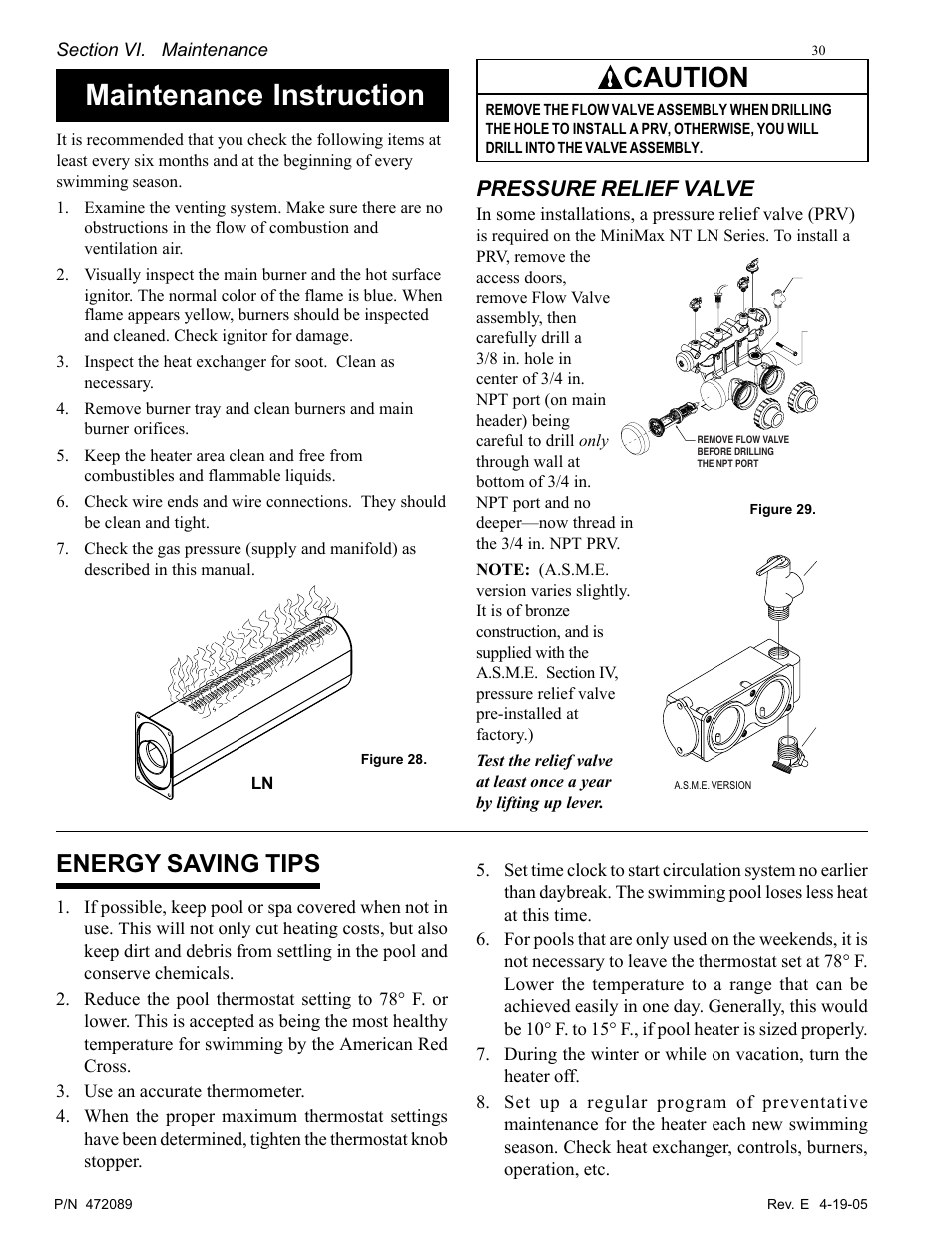 Maintenance instruction, Caution, Energy saving tips | Pressure relief valve | Pentair MiniMax NT LN User Manual | Page 30 / 36