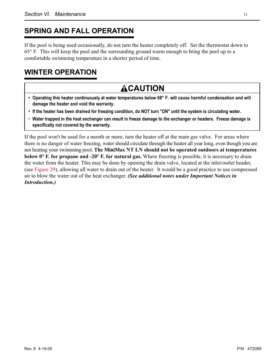 Caution, Spring and fall operation, Winter operation | Pentair MiniMax NT LN User Manual | Page 31 / 36