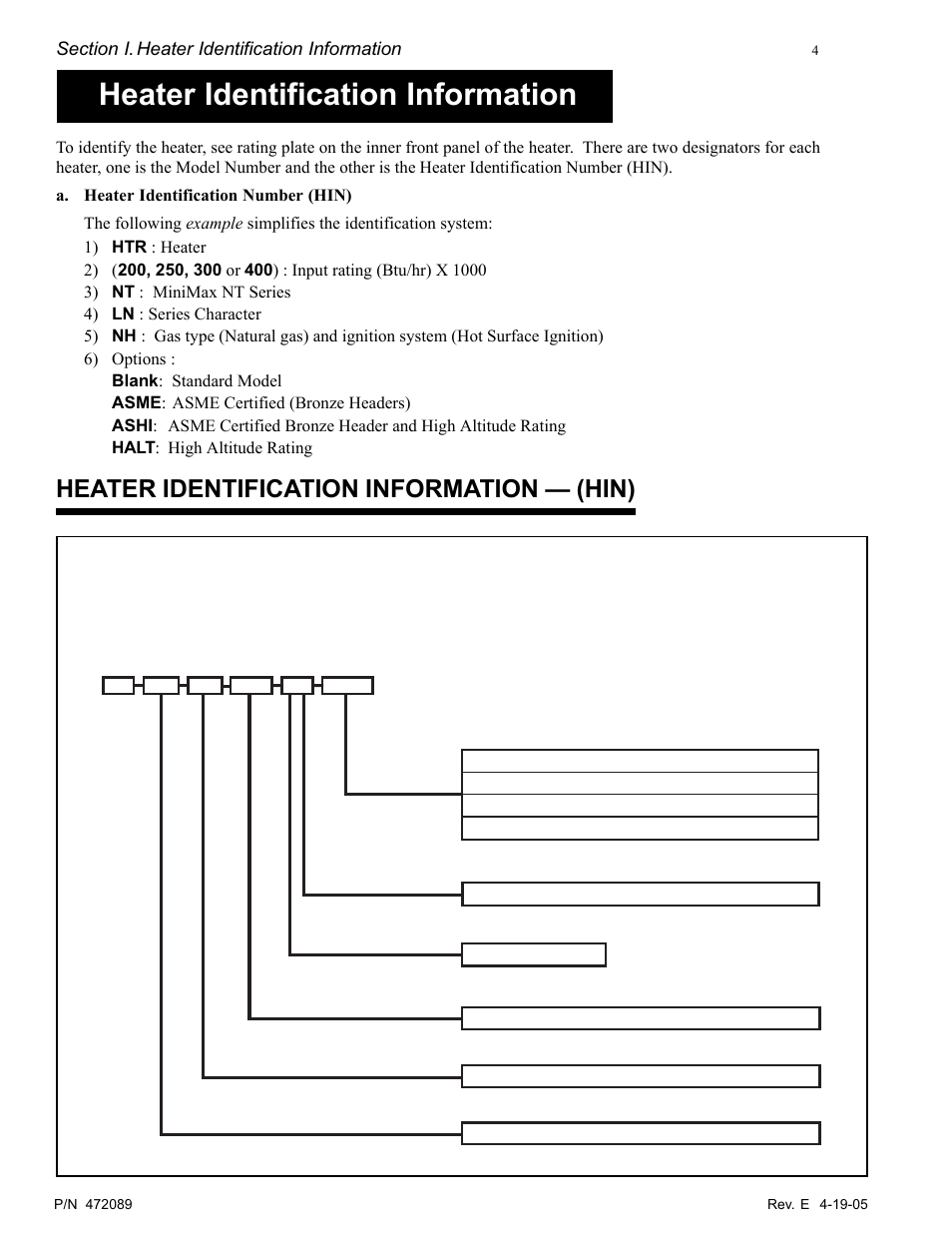 Heater identification information, Heater identification information — (hin), H. i. n | Pentair MiniMax NT LN User Manual | Page 4 / 36