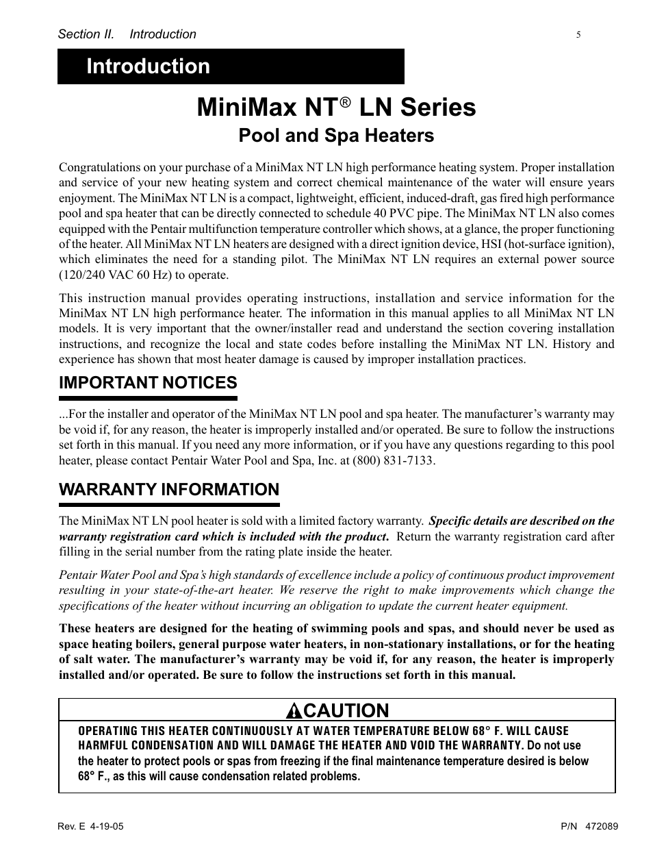 Minimax nt, Ln series, Introduction | Pool and spa heaters, Caution | Pentair MiniMax NT LN User Manual | Page 5 / 36