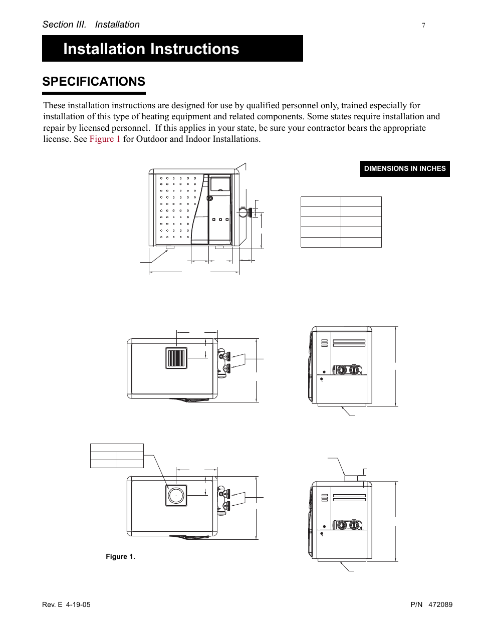 Installation instructions, Specifications, Outdoor installation indoor installation | Pentair MiniMax NT LN User Manual | Page 7 / 36