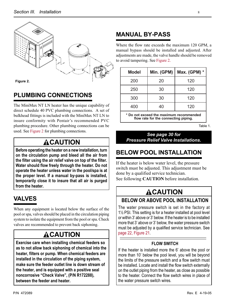 Caution, Plumbing connections, Valves | Manual by-pass, Below pool installation, Below or above pool installation | Pentair MiniMax NT LN User Manual | Page 8 / 36