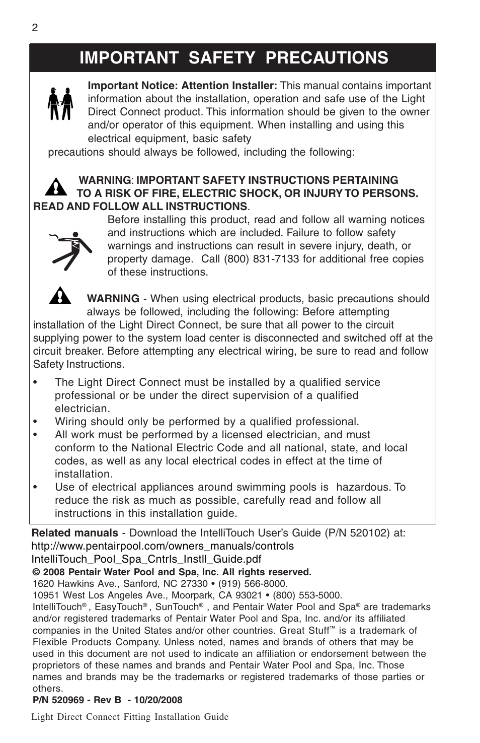 Important safety precautions | Pentair Light Direct Connect Kit User Manual | Page 2 / 12