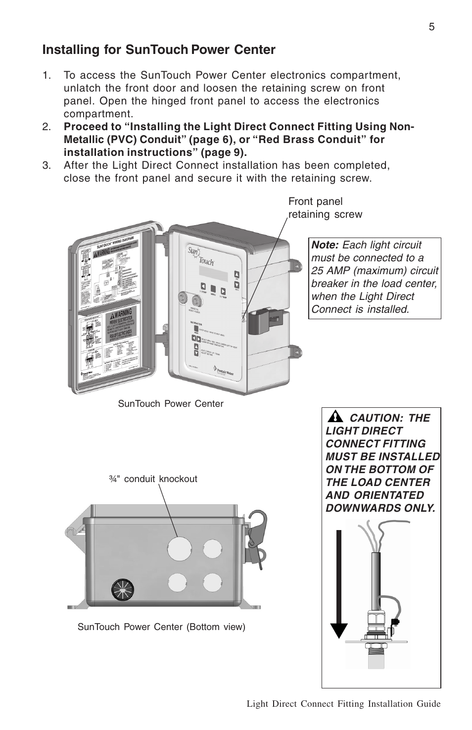 Installing for suntouch, Power center | Pentair Light Direct Connect Kit User Manual | Page 5 / 12