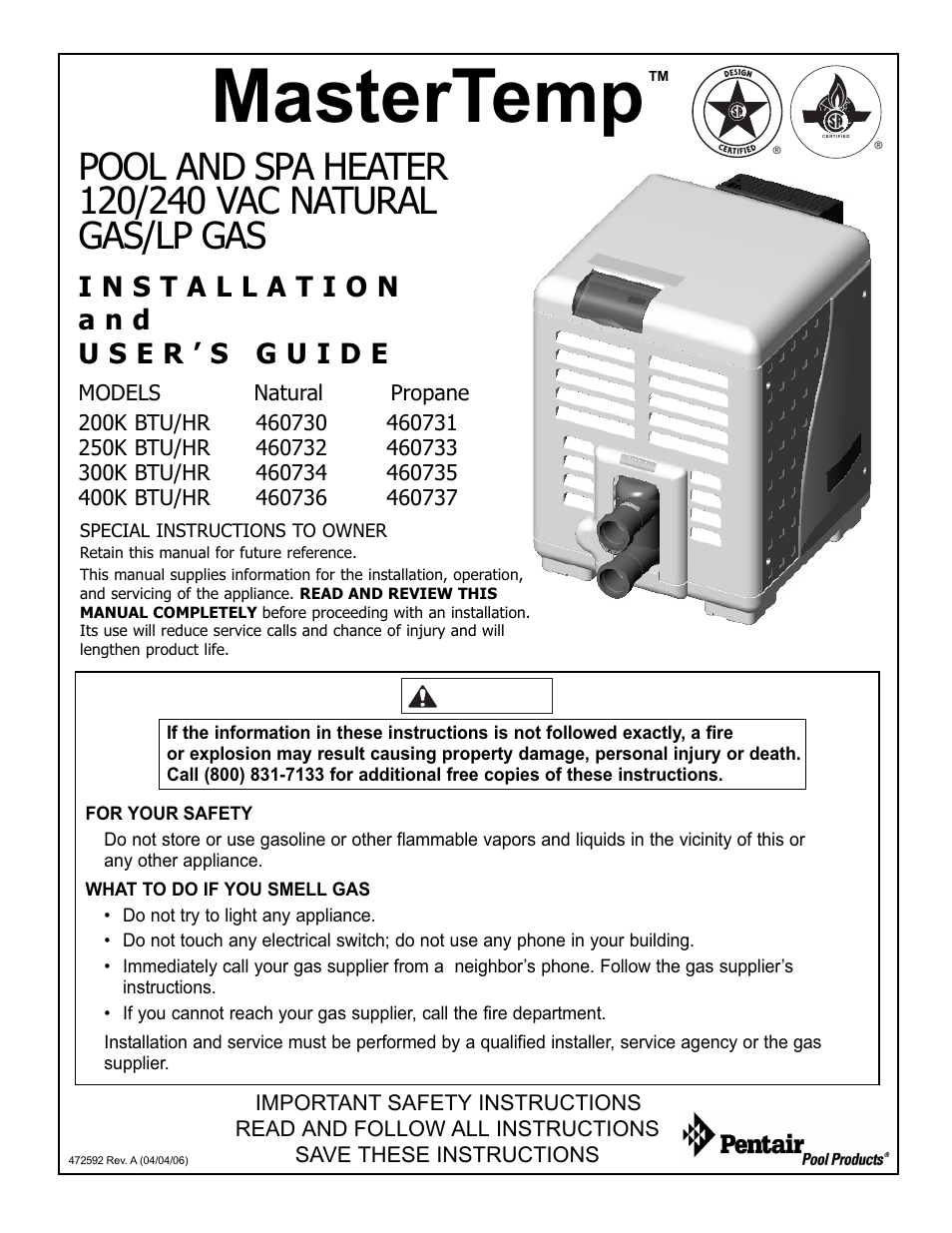 Pentair 250K BTU/HR User Manual | 38 pages