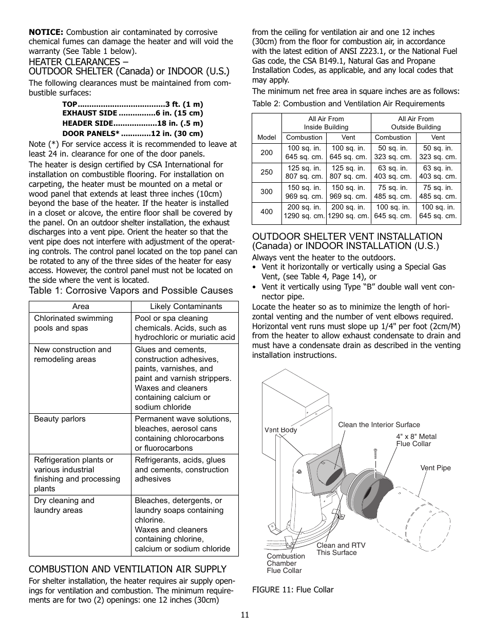 Combustion and ventilation air supply, Table 1: corrosive vapors and possible causes | Pentair 250K BTU/HR User Manual | Page 11 / 38