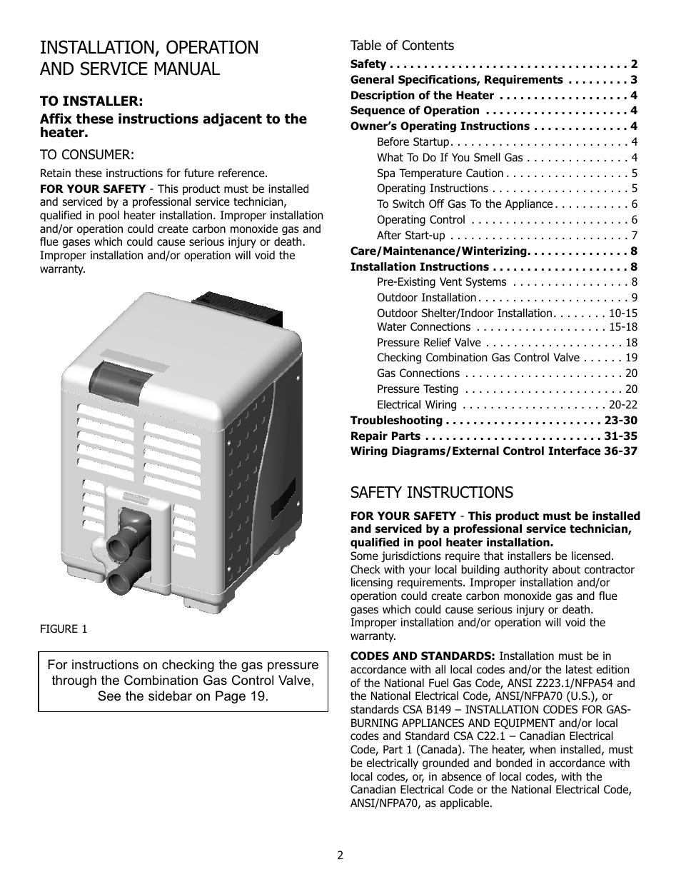 Installation, operation and service manual, Safety instructions | Pentair 250K BTU/HR User Manual | Page 2 / 38