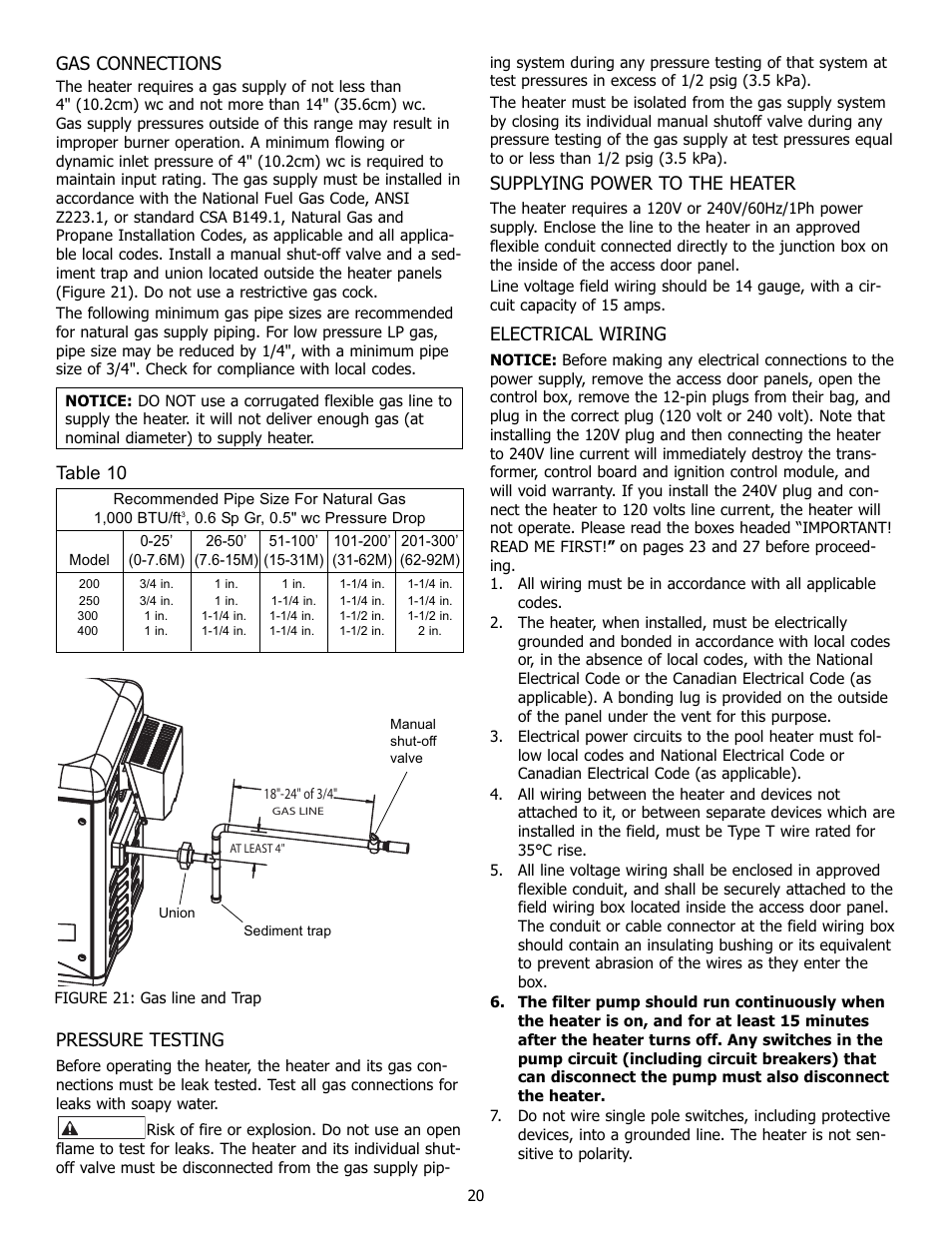 Gas connections, Pressure testing, Supplying power to the heater | Electrical wiring, Table 10 | Pentair 250K BTU/HR User Manual | Page 20 / 38